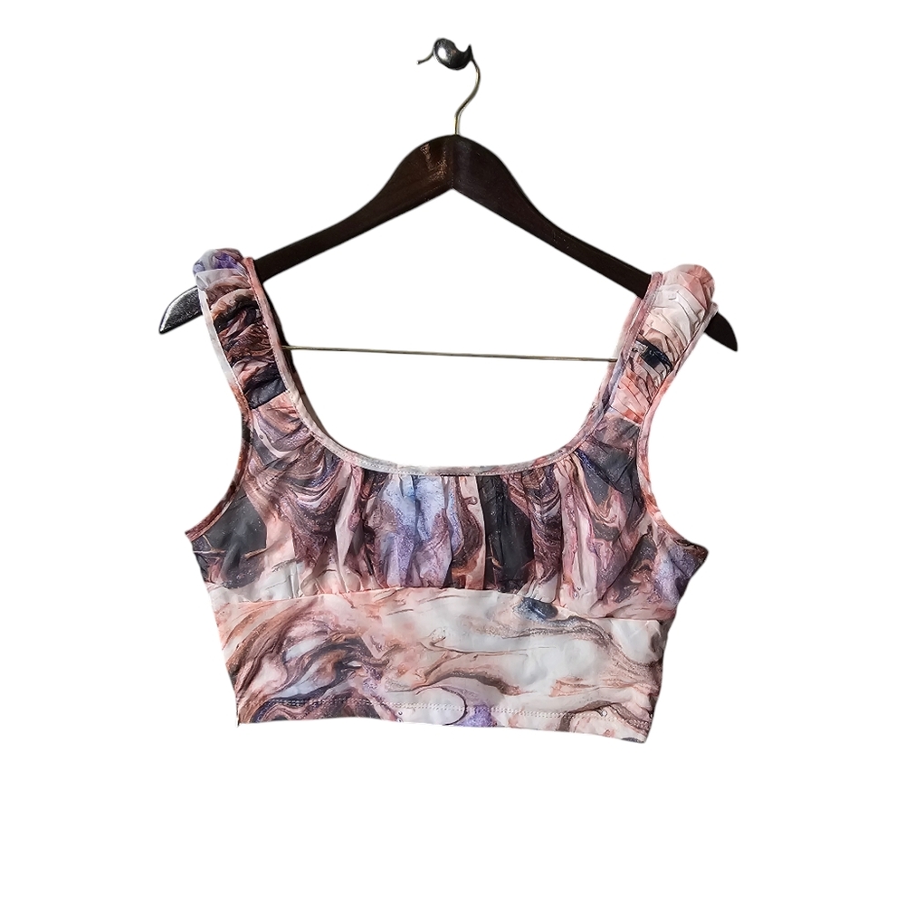 SHEIN Women's Ruffled Crop Top - Peach Marble Print - Size Large - Picture 2 of 5